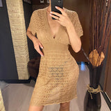 S - XL Short Sleeve V Neck Crochet Knitted Tunic Beach Cover Up Cover-ups Beach Dress Beach Wear Beachwear Female Women V5314