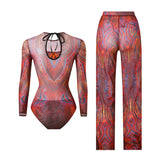 S - XXL New Printed Long Sleeve With Pants Women Swimwear One Piece Swimsuit Female Floral Padded Bather Bathing Suit Swim V7176