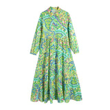Foridol Paisley Print Shirt Dress Elegant Autumn Spring Green Dress Floral Print Boho Female Maxi Dress Long Sleeve Vestido 2025