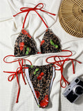 Sexy Leopard Cherry Bikini Red String Extrem Backless Swimsuit Tanga Halter Swimwear Women Bathing Suit Beach Outfit Bikinis Set