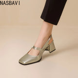 NASBAVI Fashion Women Pumps Slingback Sandals Square Toe Patent Leather Block High Heeled Mary Jane Shoes Ladies Gold Silver