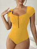 2026 Short Sleeve Swimsuit Women One Piece Solid Swimwear Female Zipper Bathers Bathing Swimming Suit Summer Beachwear Bodysuit