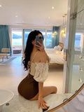 Sexy Off Shoulder Flounce One Piece Swimsuit Lady  Monokini Half Sleeve Swimwear Women Swim Bath Suit