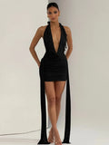 FDYOUI Elegant Halter Neck Water Drop Decoration Party Club Dress for Women 2026 Backless Bandage Folds Short Evening Dresses