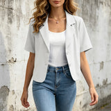 Women Cropped Short Sleeve Blazer Jacket Lapel Collar Buttons Loose Solid Suit Coat Summer Casual Office Outerwear With Pocket