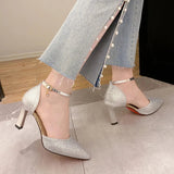 ZOKI Bling Gold Silver Women's Pumps 2024 Sexy Point Toe Thin Heel Party Wedding Shoes Woman Summer Ankle Strap High Heels Shoes