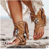 Retro Women Fringe Flower Wedges Shoes 2022 Solid Flock Beach Casual Sandals Women Summer Flip Flop Sandals