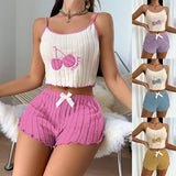 New 2pcs Pajamas Set for Women Casual Simple Ground Wool Halter Vest Shorts Set Home Wear Sleepwear Loungerwear