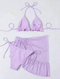 Women Frech chic bikini sets three pieces with mesh skirt swimsuit tie halter purple Swimwear bathing suit beach outfits biquini