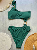 Women's One Piece Swimsuit Ring Cut Out Front High Cut Cheeky Bathing Suit Monokini Swimwear One Shoulder Ribbed Monokini