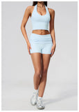 2PCS Yoga Set Women V-neck Cross Neck Shock-absorbing Sports Vest Workout Pleate Flip High Waist Shorts Gym Runing Fitness Suits