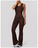 Sexy Brown Leopard Print Yoga Jumpsuit Women Hollow Out Backless Sleeveless Slim Gym Running One Piece Flare Pants Sports Suit