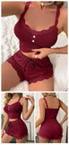 Women Sexy Pajama Set Ribbed Lace Trim Camisole Top & Shorts Summer Sleepwear Two Piece Lounge Nightwear