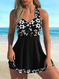Vintage Black Flower Print Skirt Bikini Set 2026 Front Bow Crop Top Bathing Suit Swimwear Women's High Waist Swimsuit Tankini