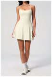 Women Tennis Dress with Shorts Pocket Square Neck Hollow Back Sleeveless One Piece Sports Outfit Fitness Pleate Mini Dresses