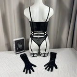Toucheart Erotic Lingerie Mesh Heavy Industry Fishbone Sexy Breasted Body Shaping PU Underwear Gloves Five-piece Set for Women