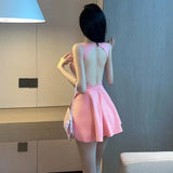 Women's 2023 Summer New Sexy Spicy Girl Fashion V-neck Sleeveless Backless Open Breast A-line Ultra Short Solid Sweet Dress 0U1N