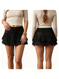 Womens Crochet Knit Mini Skirt Casual Stylish Drawstring Low Rise Tiered Hem Short Skirt Summer Beach Holiday Boho Cover-ups