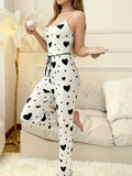 Plus Size Women Pajamas Set 2 Piece Sleeveless Vest and Trousers White Soft Breathable Sleepwear Casual Red Heart Print