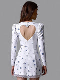 Ahagaga Elegant Women's Mini Dresses Print Heart-shaped Cutout Slim Fit A-Line Regualr Long Sleeves Trend O-Neck Lace Patchwork