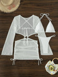Women micro mini halter bikinis sets 3pcs with knitted long sleeve hollow out mini dress swimsuit bathing suit beach outfits
