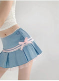 Striped Contrasting Color Bow Lace Splicing Pleated Skirt Women 2026 Summer American Style Low Waist  A-line Short Skirt UBFK