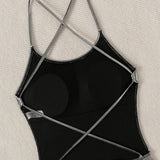 sexy glitter metallic silver backless swimsuit one piece bikini bandage swimwear bodysuits women biquini bathing suits tankini
