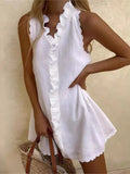 2025 Summer Sexy Casual Mini Dress Women Fashion Elegant Vacation Solid Color Ruffle Sleeveless Vestidos V-neck Loose Dresses