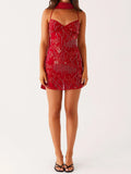 Women's Summer Sequined Flower Embroidery Beaded Bodycon Mini Dress Sleeveless Spaghetti Strap V Neck Night Out Dress with Scarf