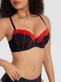 Women's Sexy Contrast Color Lace Push Up Bra Underwire Adjustable Straps Red Lace Trim Comfortable Lingerie