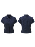 Women Button Down Slim Fit Striped Shirt Fashionable Summer Short Sleeve Turn Down Collar Tops for Casual Daily Wear