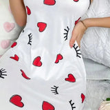 Women Sexy Lingerie Slip Nightdress Round Neck Sleep Dress Split Thigh Nighties Soft Nightgown Heart Printed Loungwear Sleepwear