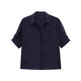 Turn-Down Collar Loose Short-Sleeve Shirt Women White Short Sleeve Shirt Chest Pocket V Neck Button Casual Summer Blouse H9EH