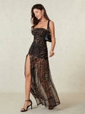 Women’s Tube Top Dress Bohemian Printed Strapless Mesh High Slit Long Dress Summer Evening Party Beach Sexy Club Dresses Summer