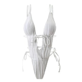 Deep V Neck Halter Wrinkled Female Swimwear One Piece Swimsuit Women Backless Monokini High Cut Bather Bathing Suit Swim Lady