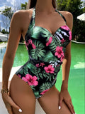 New Printed Conservative One-Piece Halter Neck Swimsuit Sexy Hard Bag Fashionable Holiday Beachwear High Waist Tie-Back Style