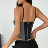 Fashion Retro Gray Splicing Tank Top Women Sexy Patchwork Slim Fit Fishbone Corset Elegant Bustier Hot Girl Party Club Tops Vest
