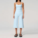 Gym Workout Yoga Sets Women Square Neck Slimming Sports Tank Top Fitness Gym Suit Outdoor High Waist Flare Pants Two-piece Set