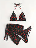 With Mesh Skirt Cherry Printed Bikini Female Swimsuit Women Swimwear Three Pieces Bikini Set Halter Bathing Suit Swim Beachwear