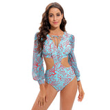 One Piece Swimsuit Sexy Long Sleeve Tropical Print Swimwear Women Bandage Monokini Hollow Out Bathing Suit String Beachwear 2023