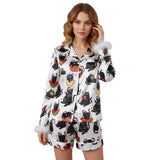 Women's Christmas 2 Pieces Pajamas Set Bow Print Fur Trim Button Down Long Sleeve Lapel V Neck Tops and Pants Lounge Wear