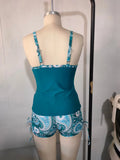 Vintage Blue Floral Print Tankini Set 2026 Swimwear Women V Neck Tank Top Drawstring Side High Waist Shorts Two Piece Swimsuit