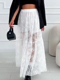 Women See-Through Lace A-Line Skirts Casual Summer Solid Color Elastic Waist Long Skirt for Beach Vacation Club