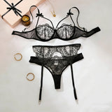 3 Pieces Sheer Lace Garter Lingerie Set Women Black Underwire Bra Bow Decor Thong Sexy Ladies Underwear ZA25205