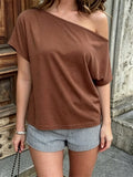 Women Off Shoulder T-shirt Loose Fit Short Sleeve Boat Neck Going Out Tops Casual Summer Shirts Streetwear