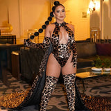Women Leopard Print Bodysuit With Gloves Leggings Hollow Out Backless Deep V Suspenders Sleeveless Bodysuits Charming Thin 3X4C