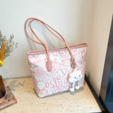 Large Capacity Printed Tote Bag, Fashion and Versatile Casual Single Shoulder Handbag with Pendant, College Style Women's Bags