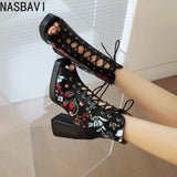 White Floral Embroidered Peep Toe Lace-Up Chunky Block Heel Platform Hollow Out Ankle Sandal Boots for Women