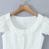 Sweet Lace Doll Collar Puff Sleeve Women's Shirt With Single Breasted Buttons Hollow Jacquard Slim-fit Pure Desire Elegant 6VN3