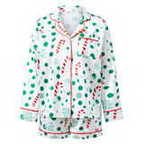 Women Satin 2 Piece Christmas Pajama Set Printed Long Sleeve Button-up Tops and Elastic Waist Shorts Summer Fall Sleepwear
